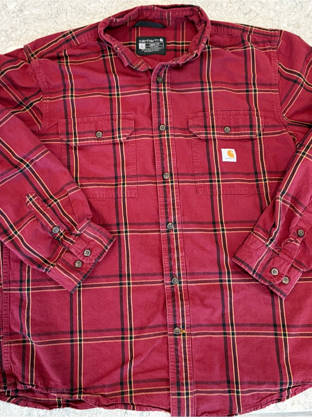 Carhartt Men's Loose Fit Burgundy Plaid Button-Down Work Shirt-Large